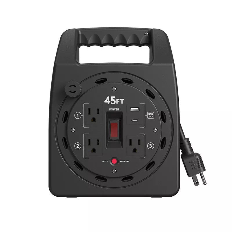 3 outlet USB2.4A plastic cord reel 45ft na may labis na proteksyon 3 outlet USB2.4A plastic cord reel 45ft na may labis na proteksyon