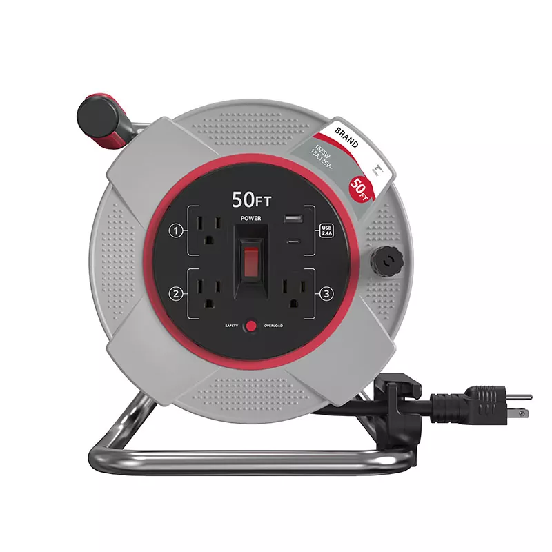 3 outlet USB2.4A plastic cord reel 50ft na may labis na proteksyon 3 outlet USB2.4A plastic cord reel 50ft na may labis na proteksyon